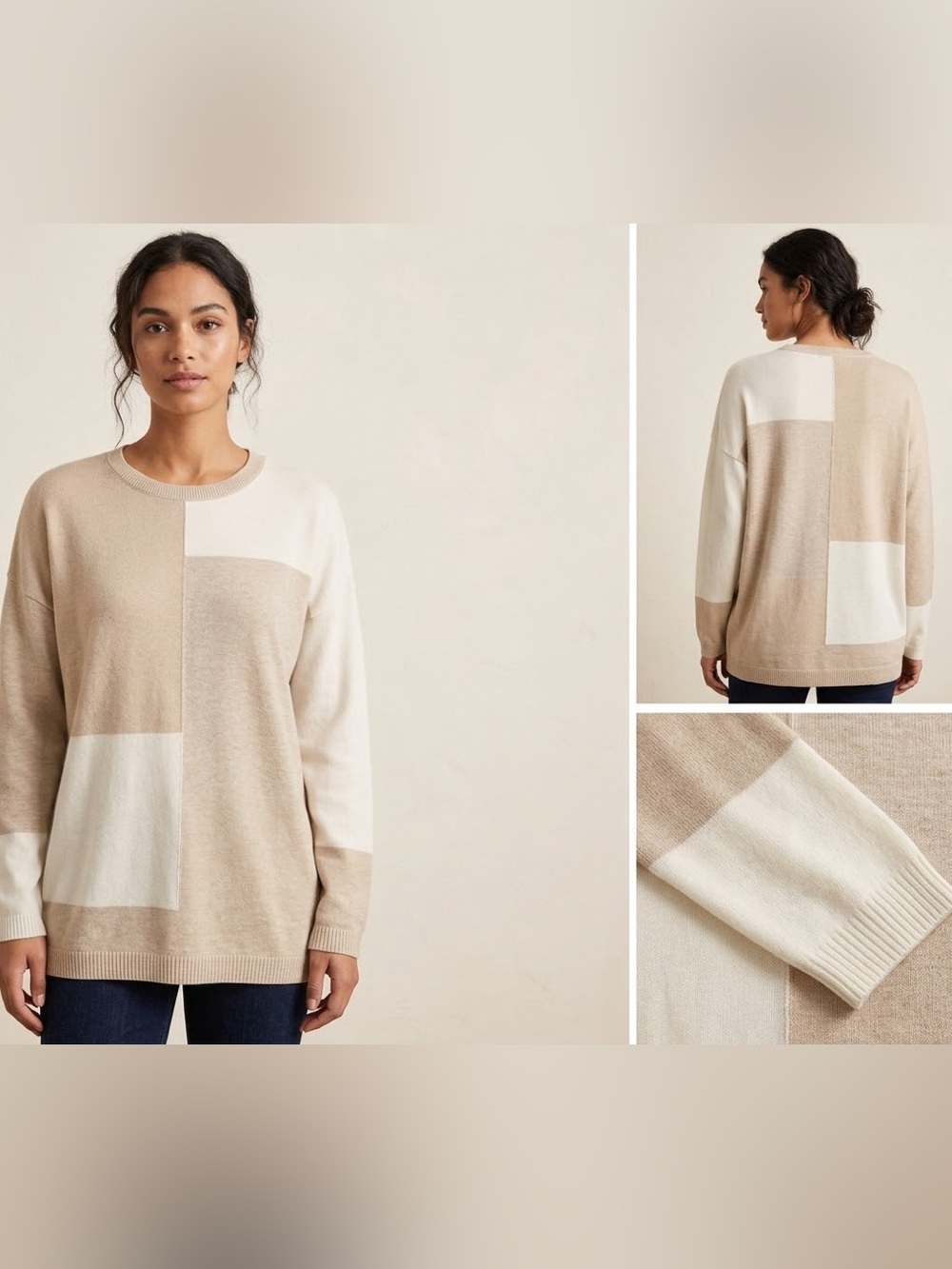 J. Jill Blocked Crewneck Sweater in Cream and Tan